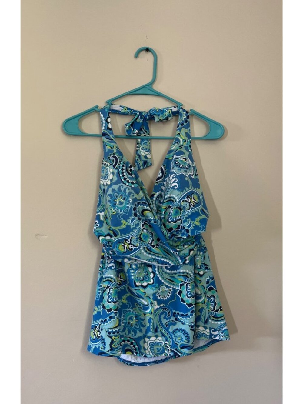 Lands' Womens Size 12 Blue And Green Paisley Halter Tankini Swim Top Wrap Front